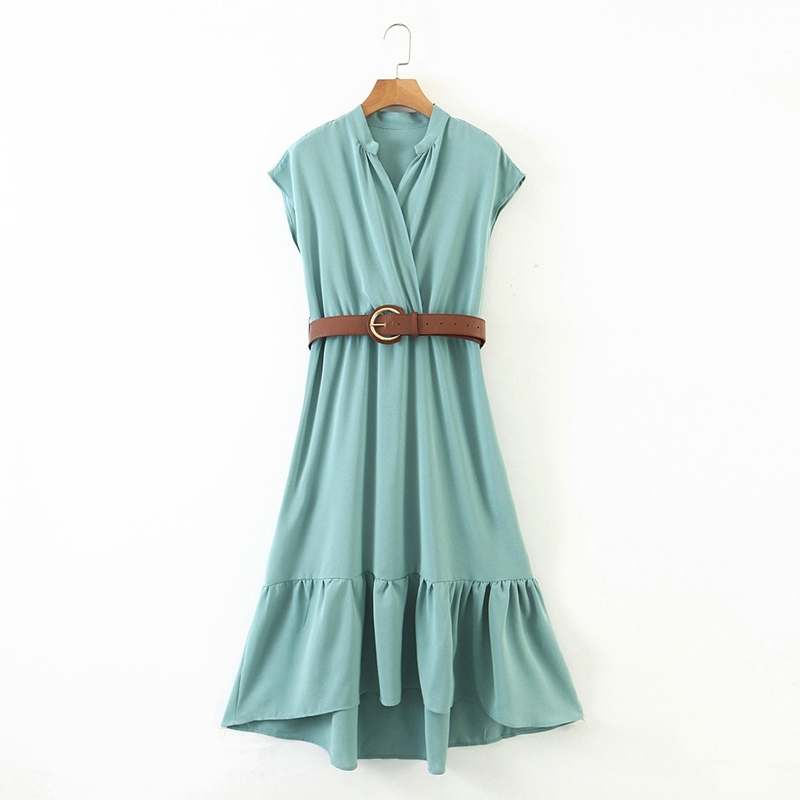 

Fashion Sleeveless Office Lady Dress V neck Ruffles Elegant Midi With Belt Women Vacation Beach XZ2508 210525, Green