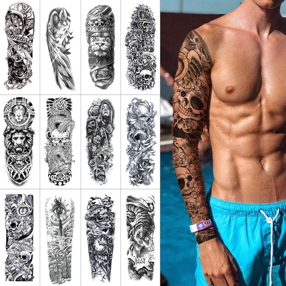 

Black full temporary sticker Ink tiger arm waterproof Flower skull lion sleeve tattoo for men