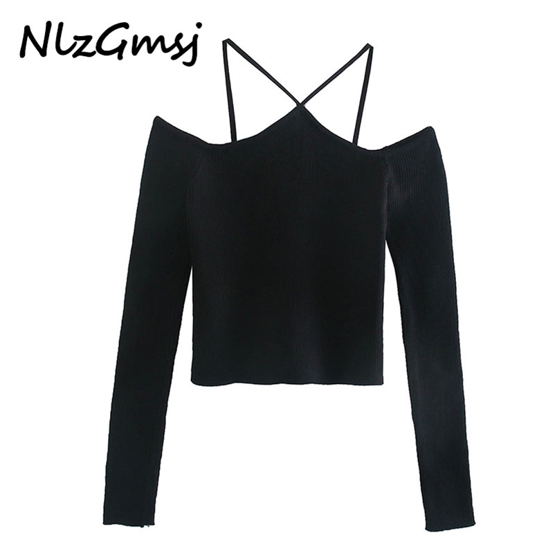 

Nlzgmsj Sexy Off Shoulders Knit Top Women Cut Out Exposed Straps Long Sleeve Knitted Sweater Backless Woman Tops 210628, As picture
