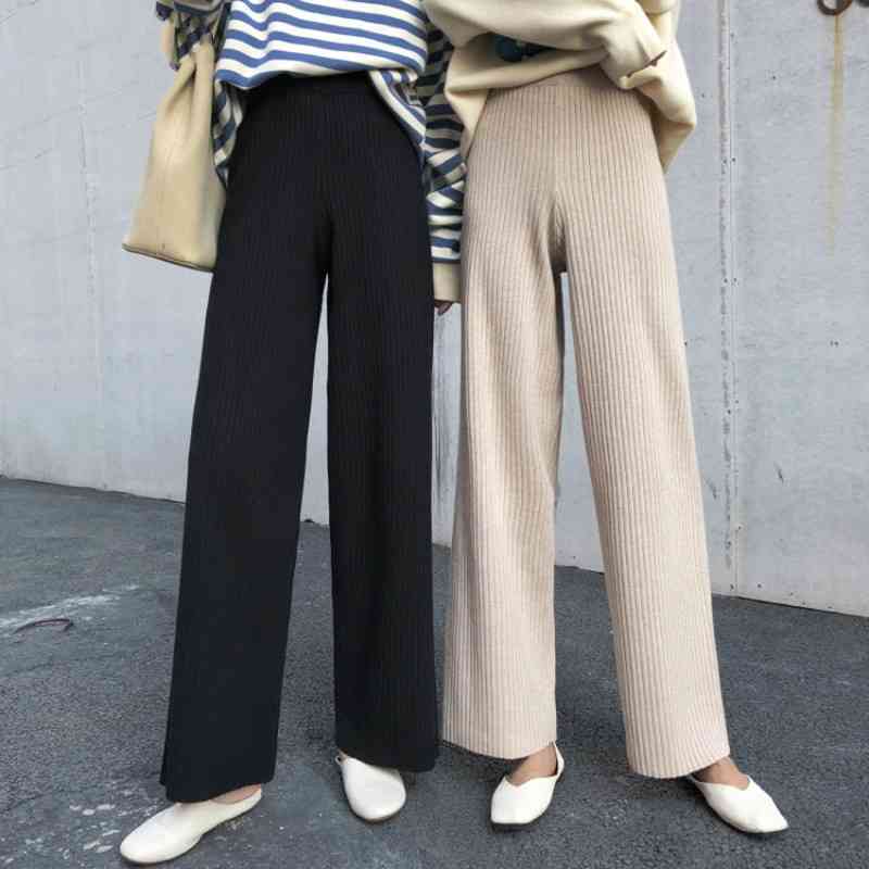 

Spring Winter Casual Straight Pants Women Female Drawstring Loose High Waist Knitted Wide Leg Ankle Trousers 210603, Thin black
