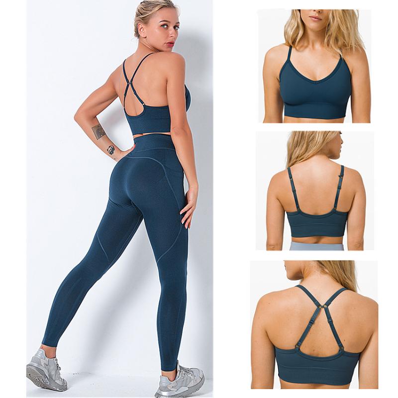 

Seamless EBB Woman Sportwear Yoga Set Gym Bra Pad High Waist Pant Fitness Clothing Outfit Suits, Pocket dkgrey set