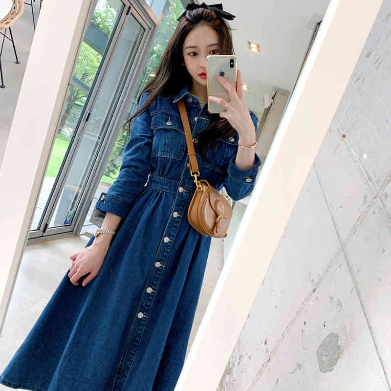 

Fashion Women' Dress Autumn Korean Style Temperament Waist Slimming Elastic Big Swing Skirt Long Denim 210429, Blue