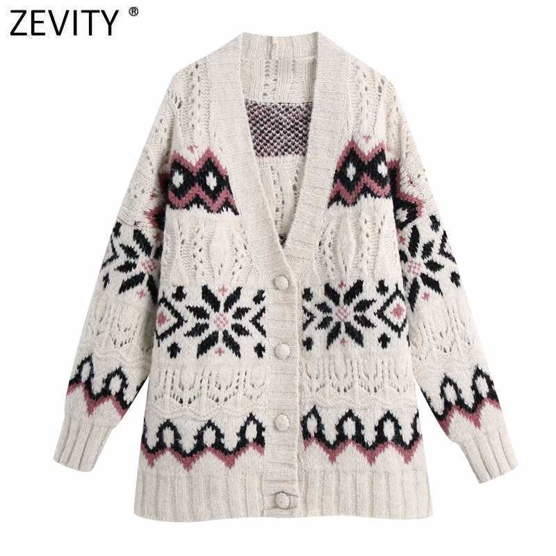 

Zevity Women Vintage V Neck Flower Pattern Jacquard Cardigans Knitting Sweater Female Chic Long Sleeve Hollow Out Tops S651 210603, As pic s651bb