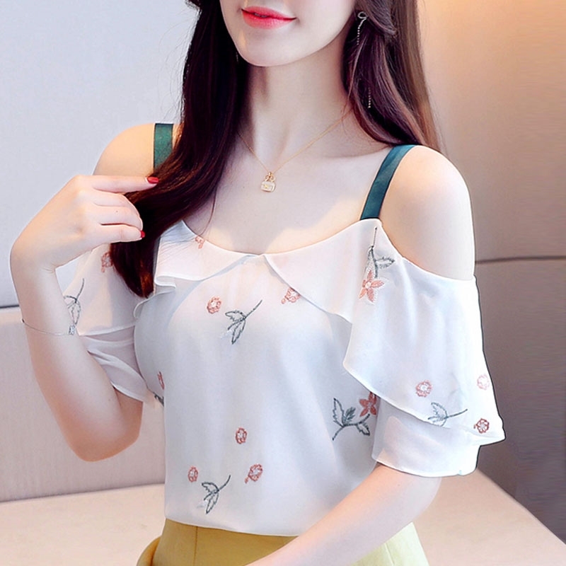 

Blouse Women Summer Tops Slash Neck Off Shoulder Top Short Sleeve Print Chiffon Blouse Shirt Tops Blusas Camisas Mujer D193 210602, White