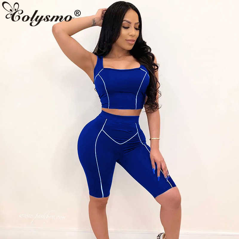 

Colysmo Activewear Two Piece Set Summer Clothes For Women Contrast Color Reflective Striped Vest Biker Shorts 2 210527, Blue