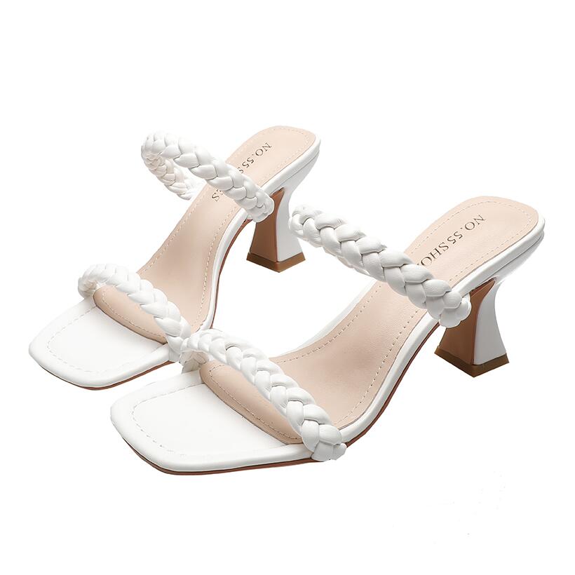 

Summer Design Weave Square Toe Heels High Quality Strange Style Slippers Gladiator Womens Sandal Slides Shoes, Bronze