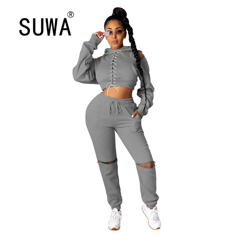 

Solid Color Off Shoulder Bandage Hoodies Sweatshirt High Waist Pants Jogger Tracksuit Women Set Sexy Club 2 Pieces Outfits 210525, Red