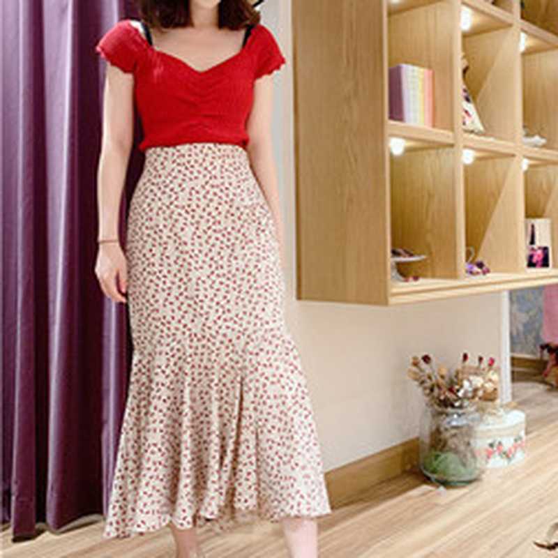

Summer fresh Elegant Cherry Print 2 Pcs Women Sets High Waist Slim Long Trumpet Skirts +V-neck Garment Sleeve Corp Tops 210525, Black tops one size