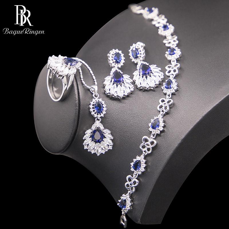 

Bague Ringen Luxury Silver 925 Jewelry Set Water Drop Shaped Gemstones Women's Wear Bride Trendy Wedding Sets Bracelet, Earrings & Necklace, Black