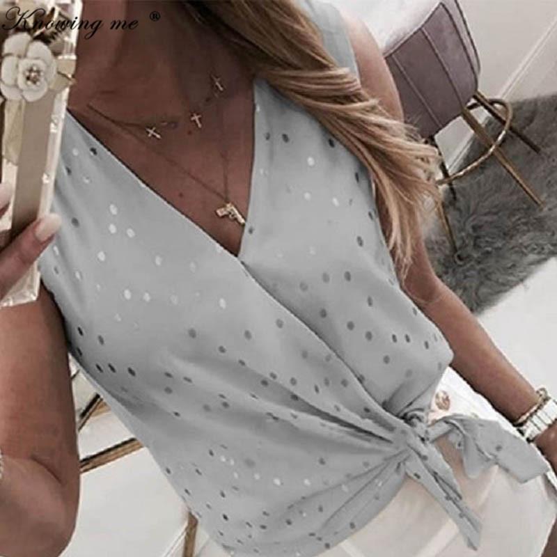 

Women' Blouses & Shirts Summer Wrap Dot Print Blouse Women Spring Sexy Sleeveless Bow Tie Tops Shirt Elegant Slim Outwear Blusa Drop, Gray