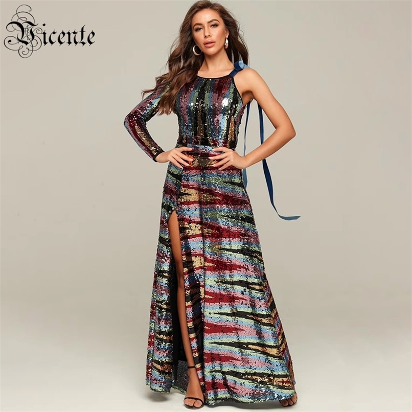 

Free Chic Maxi Dress Sexy One Shouder Long Sleeves Split Celebrity Party Sequins Vestidos 210520, Multi