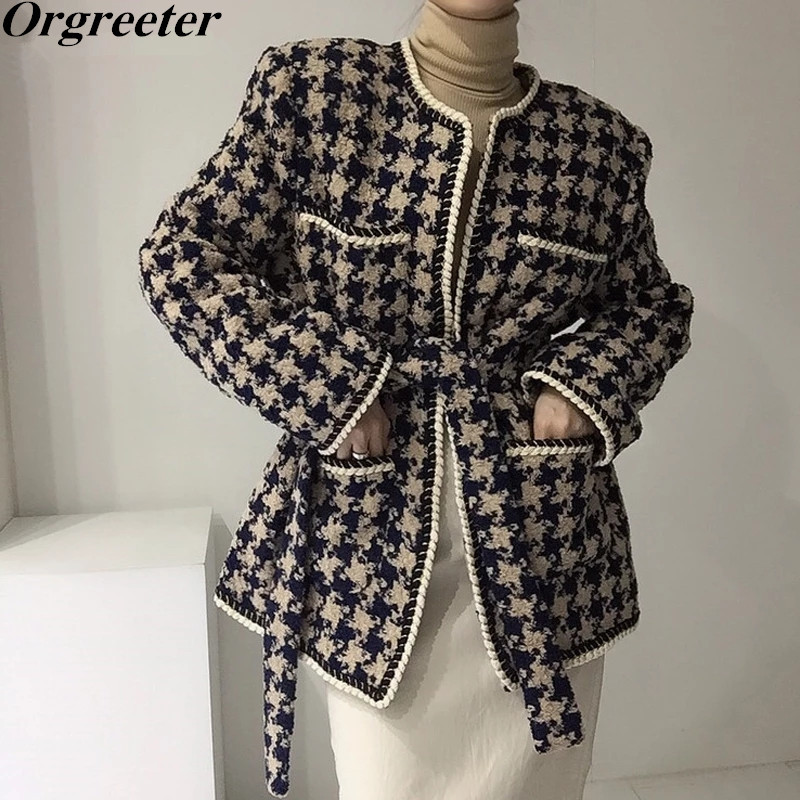 

Chic Houndstooth Tweed O-neck Women Plaid Coats Autumn Winter Lace-up Loose Female Long Sleeve Woolen&Blend 210525, Khaki