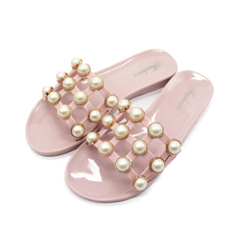 

Woman Hollow-out Pearl Slides Summer Soft Bottom Pvc Plastic Sandals Women Rivets Studs Flip Flops Flower Beach Shoes 2021 Slippers, Black