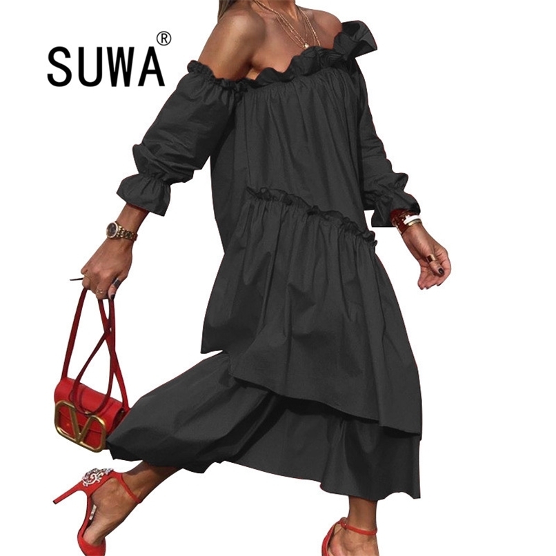

Women Bohemian Dresses Sexy Slash Neck Red Black Maxi Beach Long Sleeve Loose Boho Ruffle Casual Dress Vestidos Mujer 210525