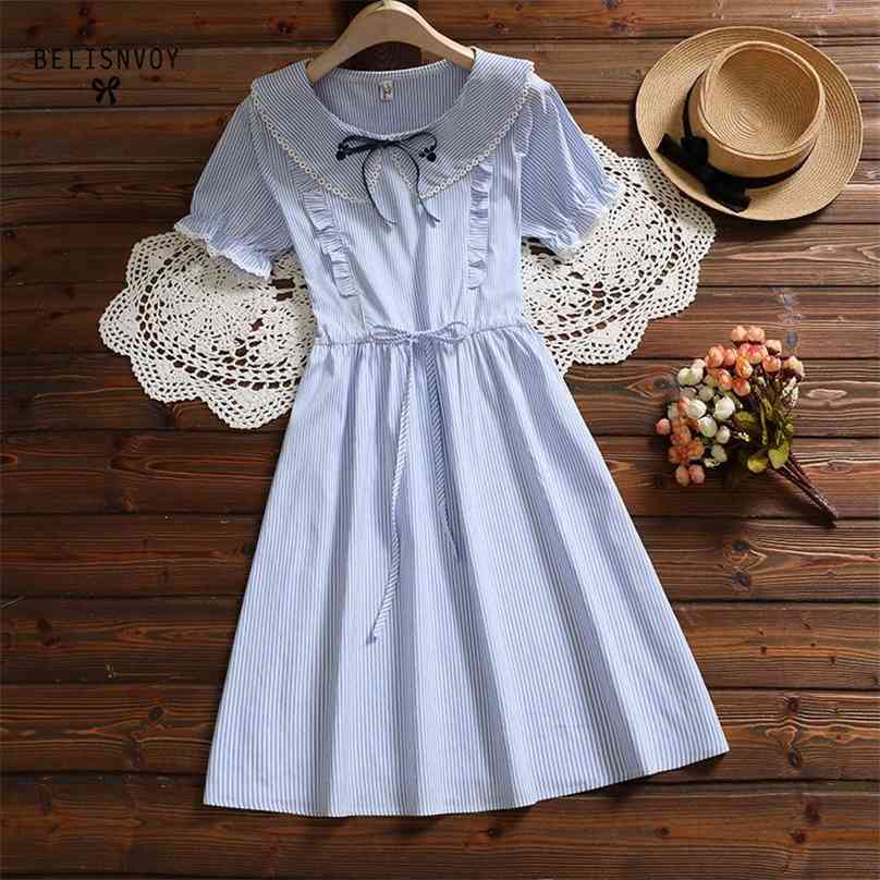 

Preppy Style Summer Women Cute Dress Peter Pan Collar Striped Embroidery Ruffles Vestidos Short Sleeve Sweet Kawaii Dresses 210520, Sky blue