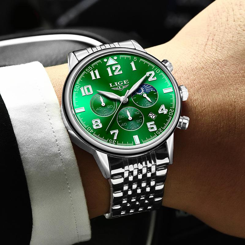 

Wristwatches LIGE 2021 Green Quartz Watch For Men Fashion Digital Clock Mens Watches Top All Steel Waterproof Sport, Rose gold blue l