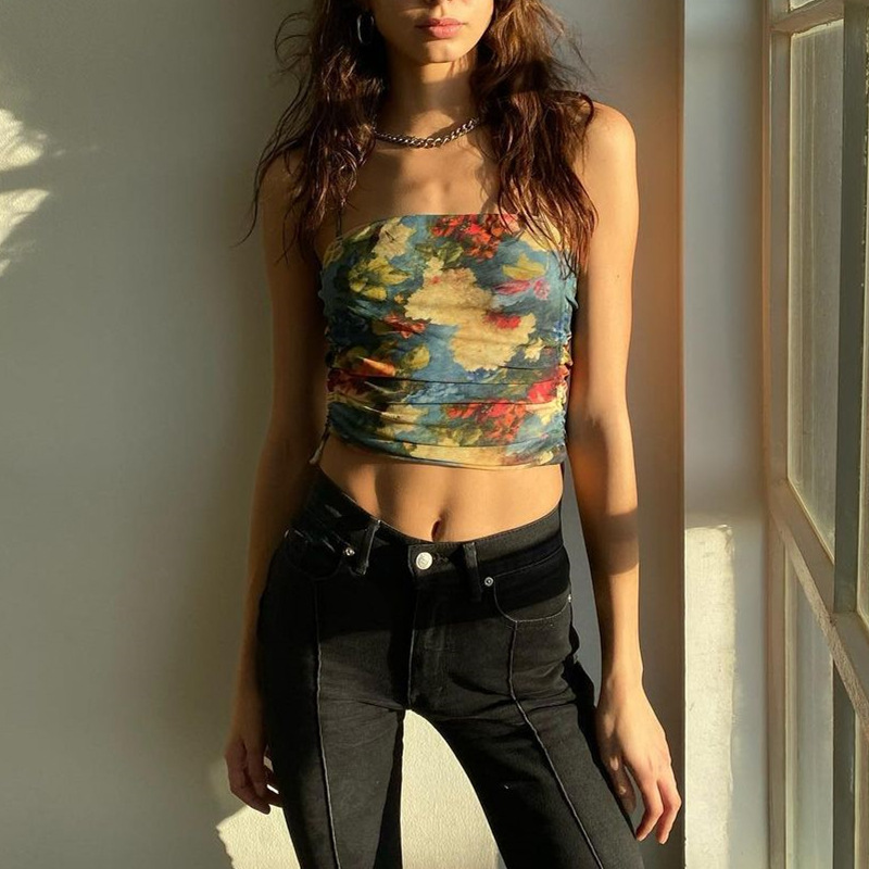 

Fashion Floral Print Summer Dstring Ruched Camis Crop Tops Women Sleeveless Baless Y2K Strap Top Croppedhigh quality, As seen