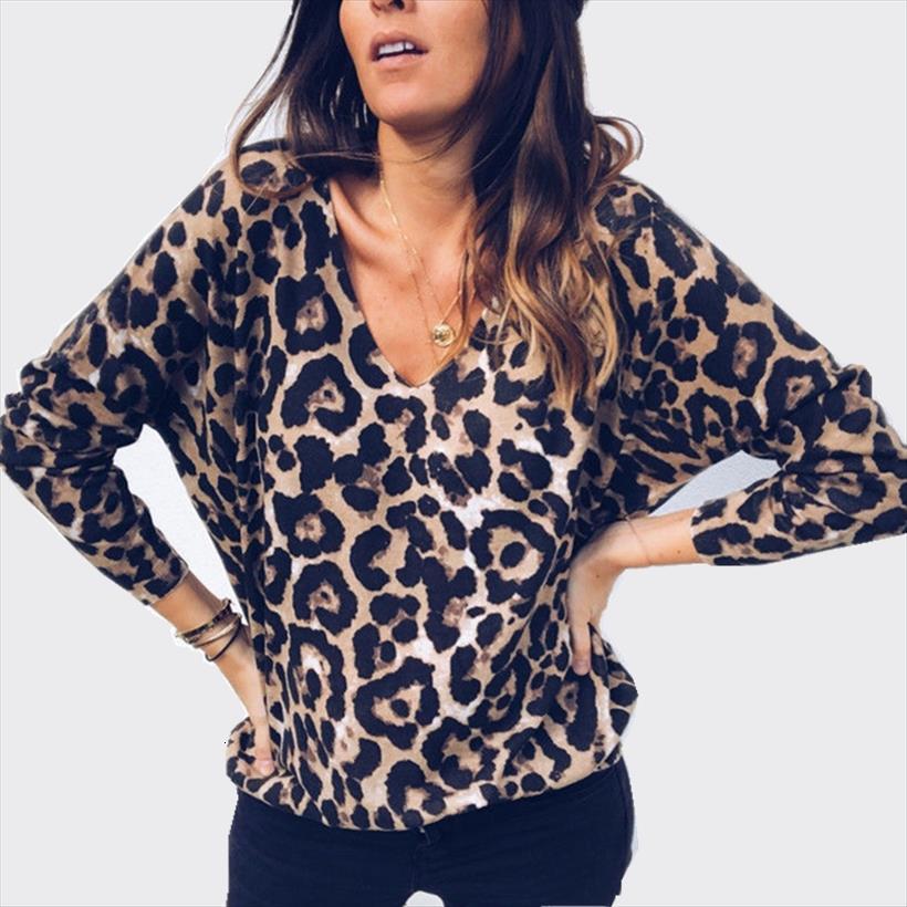 

fashion stretch loose women shirt v neck leopard print casual long sleeve autumn winter shirts, White