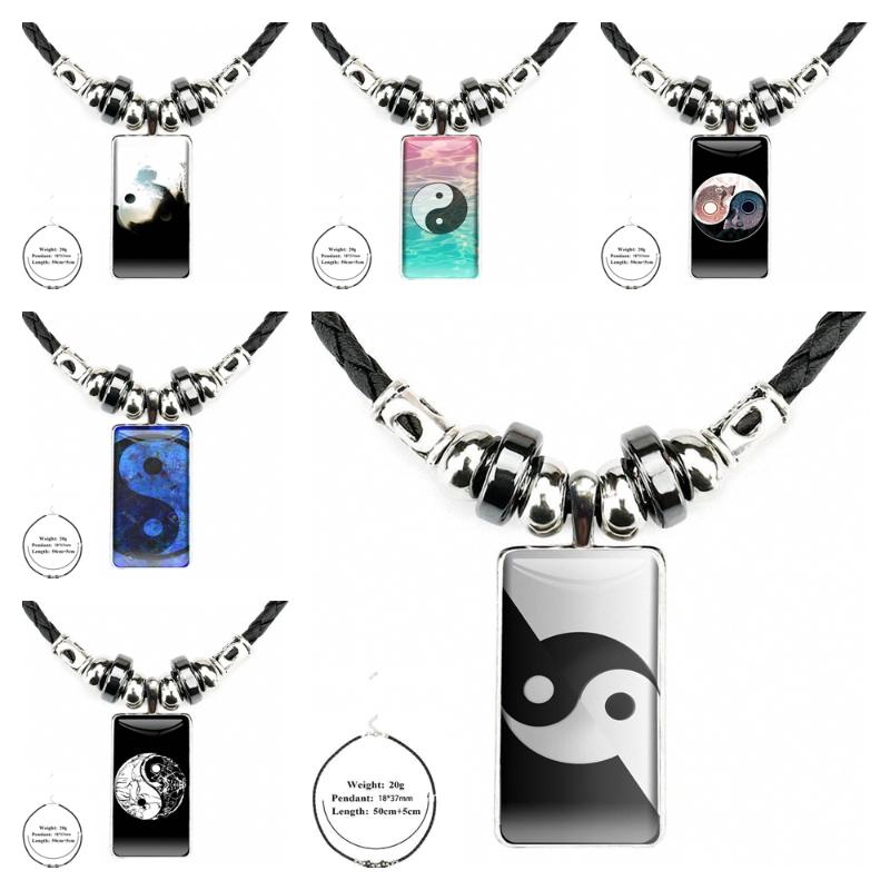 

Pendant Necklaces Grunge Yin Yang Necklace With Steel Plated Glass Cabochon Choker Long Rectangle Black Hematite For Girls Gift, Silver