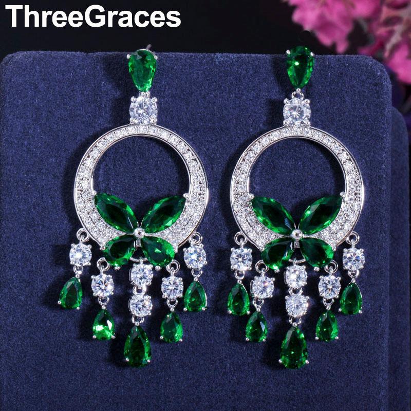 

Dangle & Chandelier ThreeGraces Shiny Green Cubic Zirconia Crystal Setting Bohemian Round Big Long Tassel Earrings For Women Jewelry ER317, Silver