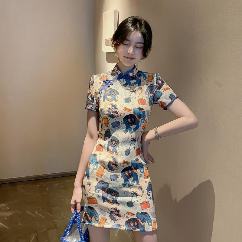 

Ethnic Clothing Kawaii Chinese Style Cheongsam National Short Sleeve Mini Dress Cute Cartoon Printed Retro Young Girls High Slit Fashion Fem