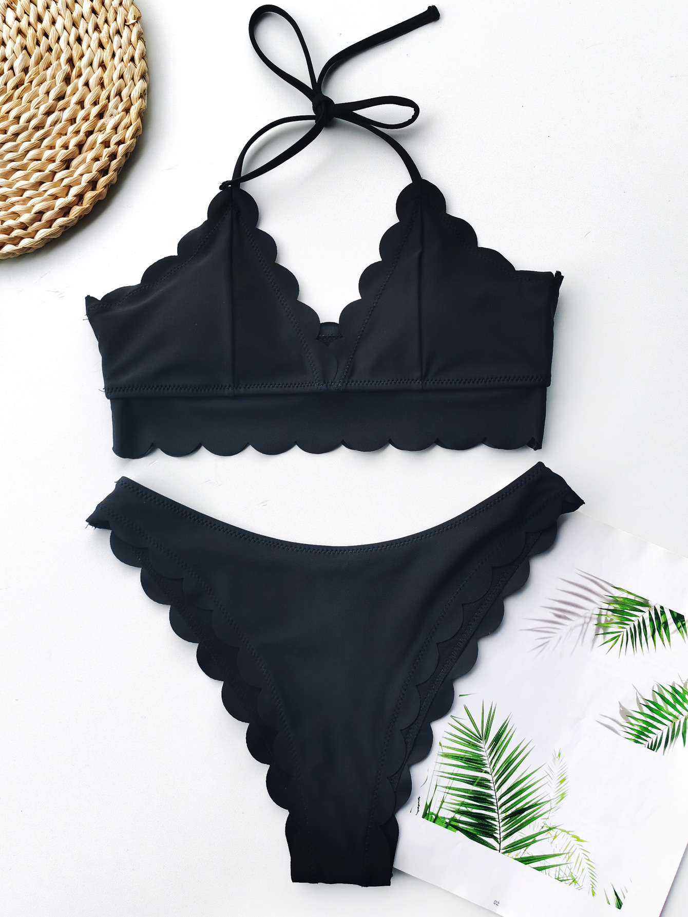 

2021floral side solid lace up bikinis 2021 push up 2 piece set womens swimsuit padded bra swimwear bather ribbed bathing suit, White;black