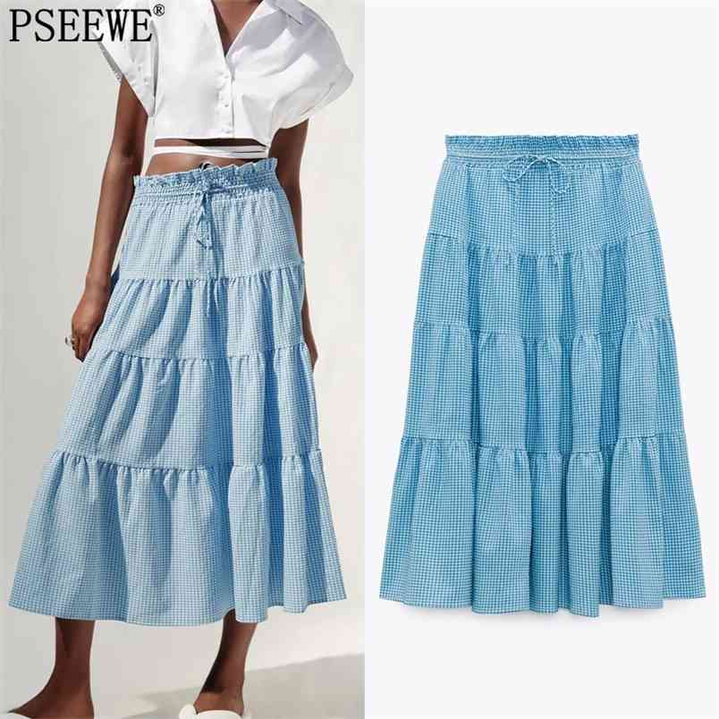 

Blue Striped Long Skirt Women High Waist Midi Woman Summer Fashion Bow Elastic A Line Ruffle s 210519