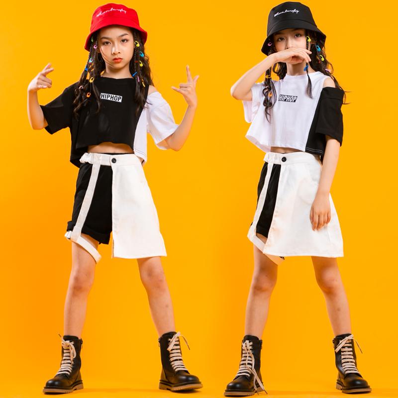 

Clothing Sets Kid Hip Hop Black White T Shirt Off Shoulder Crop Top Streetwear Summer Skirt Shorts For Girls Dance Costume Clothes, 1160 set 1