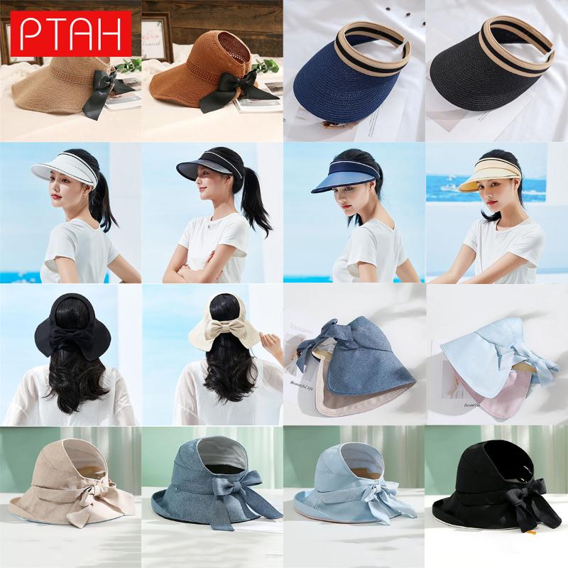 

[PTAH] Fashion Straw Sun Hat UPF50+ Women Summer Protection Beach Wide Brim Breathable Empty To Hats Female Fedora Travel, 21