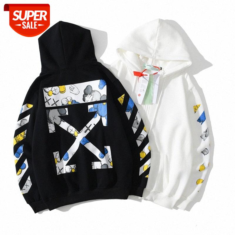 

Sesame Street kaws sweater men's joint OW hooded plus velvet men and women with a couple tops graffiti students loose #yA67, Black