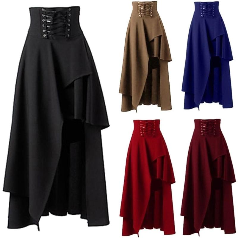 

Skirts Steampunk Vintage Long Womens Solid Color Bandage High Waist Pleated Lace Up Elastic Band Max Skirt Midi, Black