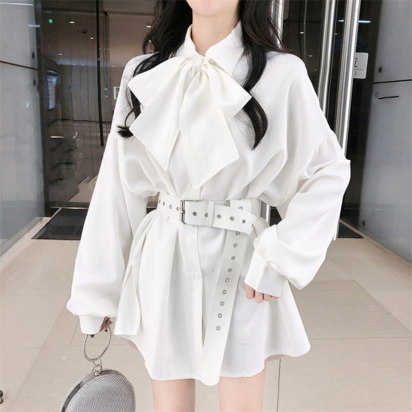 

Woman Dresses Spring Elegant Fashion Big Bowknot Long Sleeve Loose Casual Shirt Dress With Belt Vestidos 210519, White