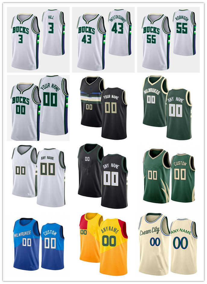 

Custom Men Women Youth Milwaukee's Bucks's 3 George Hill 43 Thanasis Antetokounmpo 55 Justin Robinson 54 Sandro Mamukelashvili 15 DeMarcus Cousins Basketball Jersey, Color