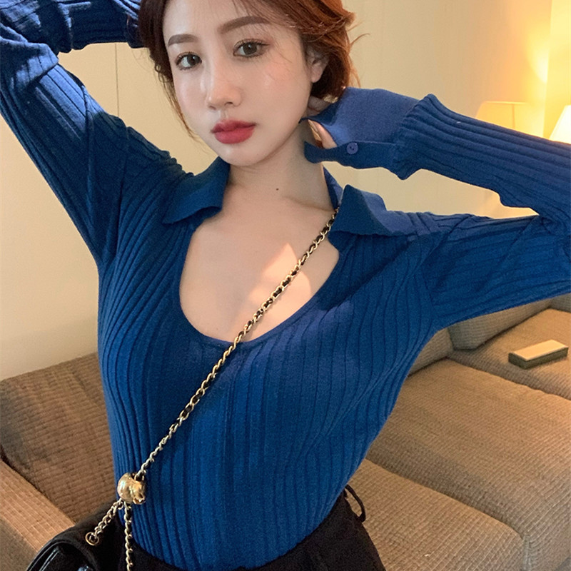 

2Colors womens knitted Sweater Autumn and winter 2021 korean style Vintage U neck slim Sweaters and pullovers womens (R99498), White;black