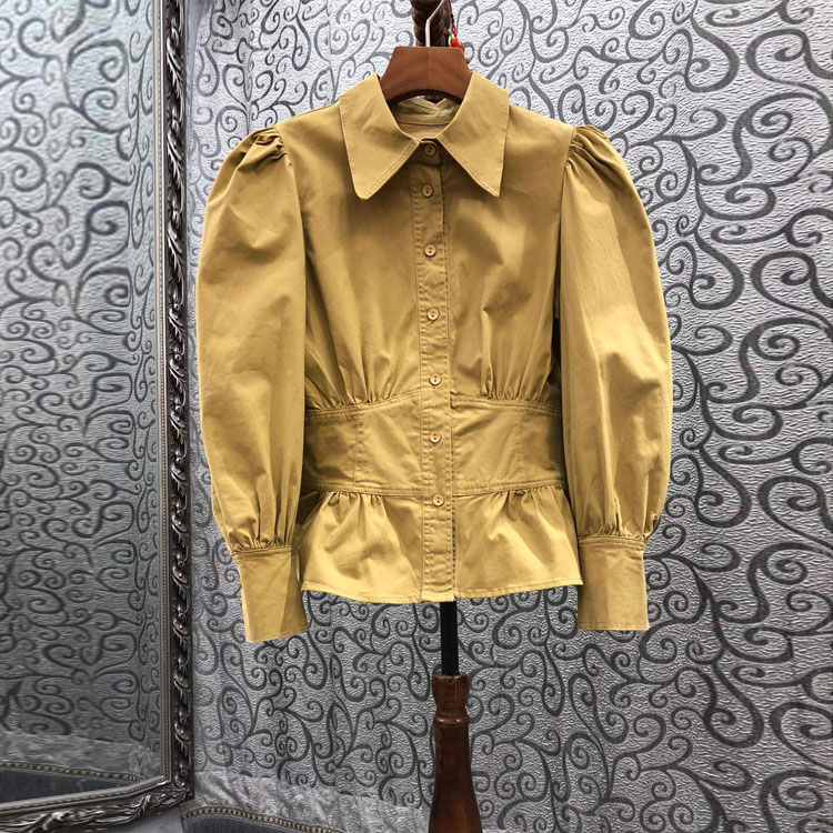 

European Station New Womens Shirt Simple Solid Color Waist Tight Ruffled Long Sleeve Shirt Versatile Slimming, White