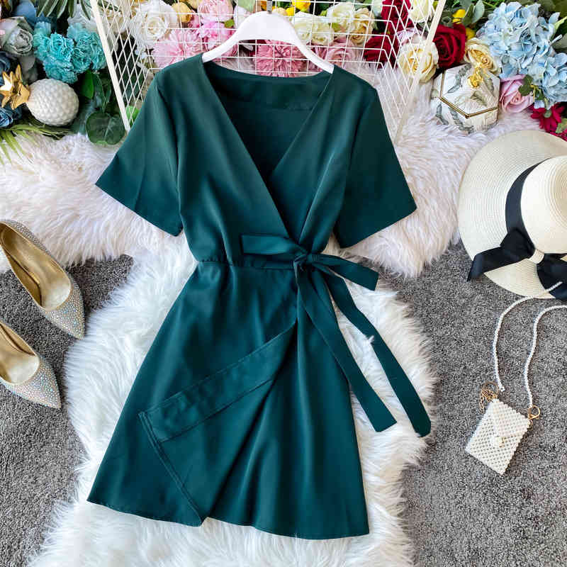 

Casual Ladies Spring Summer Chic Vintage Dress V Neck High Waist Bandage Short Sleeve Solid Temperament 210520, Darkpink