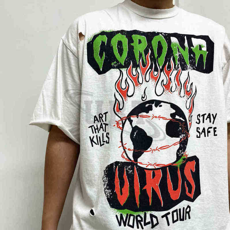 

UBT independent Galery Dept. Limited flame virus wash damage round neck couple short sleeve T-shirt, Creamy-white