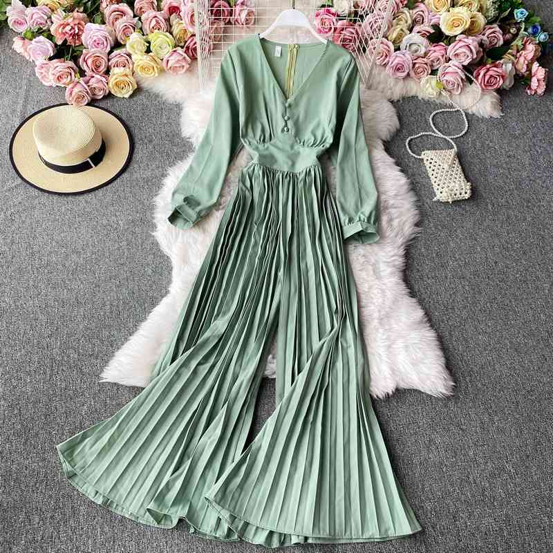 

Female Spring Summer Temperament V Neck Fold Long Sleeve Solid Chic High Waist Casual Ladies Rompers 210520, Lightgreen
