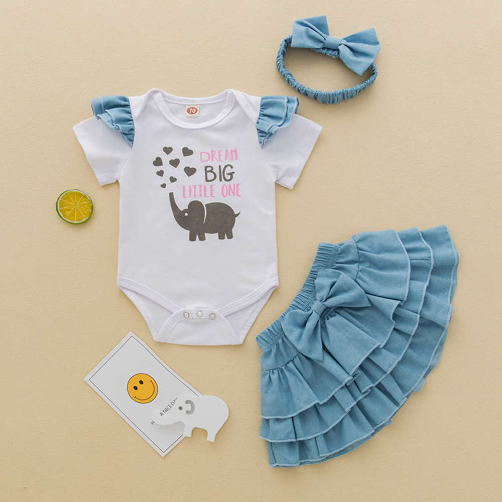 

Summer girls' 3-piece Jumpsuit with elephant English print top and blue shorts, White