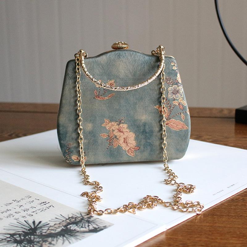 

Evening Bags Printed Floral Vintage Small Women Green Color Party Handle Handbags With Chain Shoulder Day Clutch