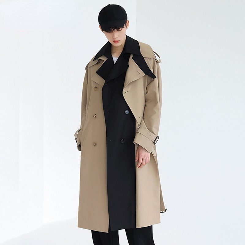 

Men's Wear Fake Two-piece Trench Coat Mid-length Korean Trendy Handsome Overknee Windbreaker Autumn Loose Long Coat, Tan;black