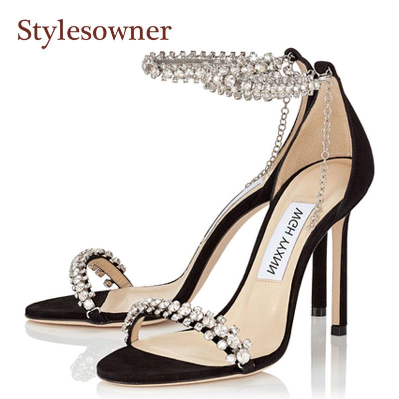 

Open Toe Leather Rhinestones Black All-match Stiletto High Heels Women 2021 Pointed Thin Party Wedding Pumps Dress Shoes