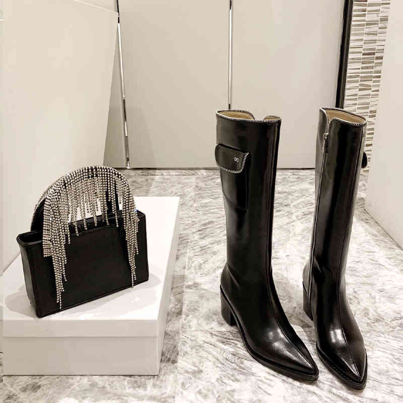 

boots luxury brands genuine leather big size handsome long boot thick mid heel pointed toe women zipper riding knee-high boot, Black