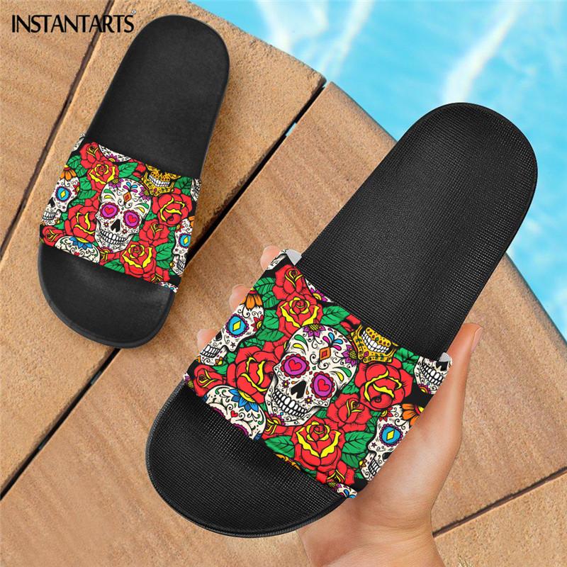 

Women Funny Love Eyes Skull Print Bedroom Slippers 2021 Fashion Rose Skulls Sandals Indoor Flip Flop Mujer, Black
