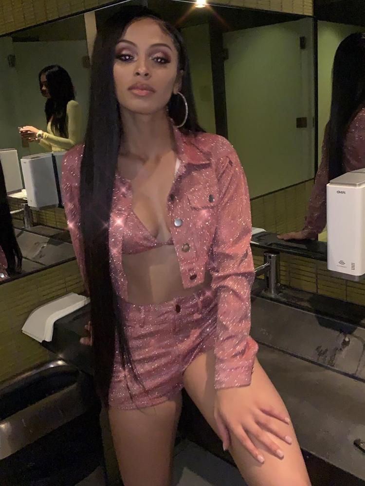 

Women' Tracksuits Fashion Women Sparkling Bra+Shorts+Jacket 3 Piece Set Pink Glitter Sexy Club Wear Outfit Street Party Sets Clothes