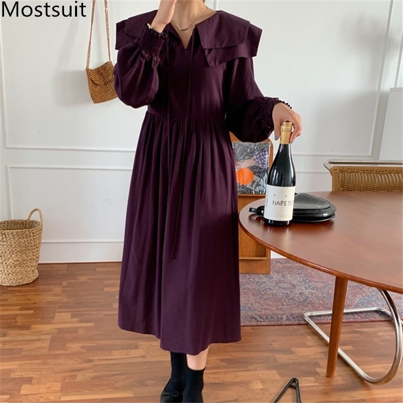 

Autumn Korean Elegant Women Long Dress Full Sleeve Double Peter Pan Collar Lace-up Dresses Fashion Sweet Ladies Vestidos 210518, Purple