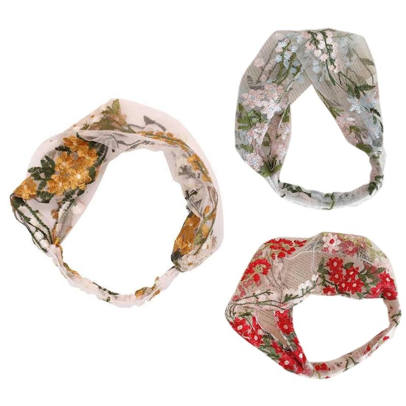 

Hair Accessories Pastoral Sweet Lace Wide Headband Vintage Embroidery Flower Mesh Hairband Washing Face Stretch Headwrap