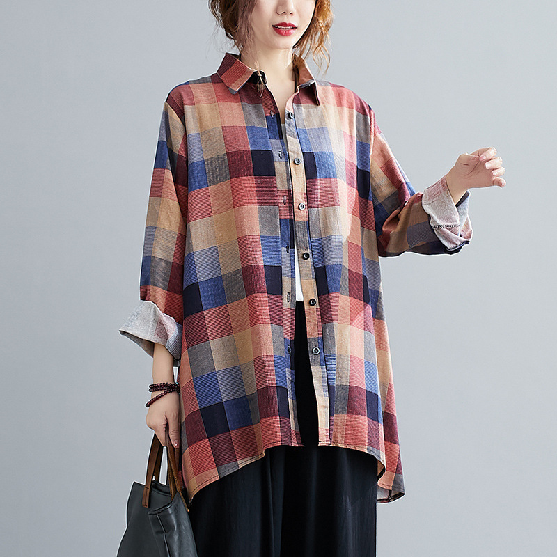 

Johnature Casual Plaid Shirts Women Blouse Spring Turn-down Collar Long Sleeve Loose All-match Tops 210521, Red