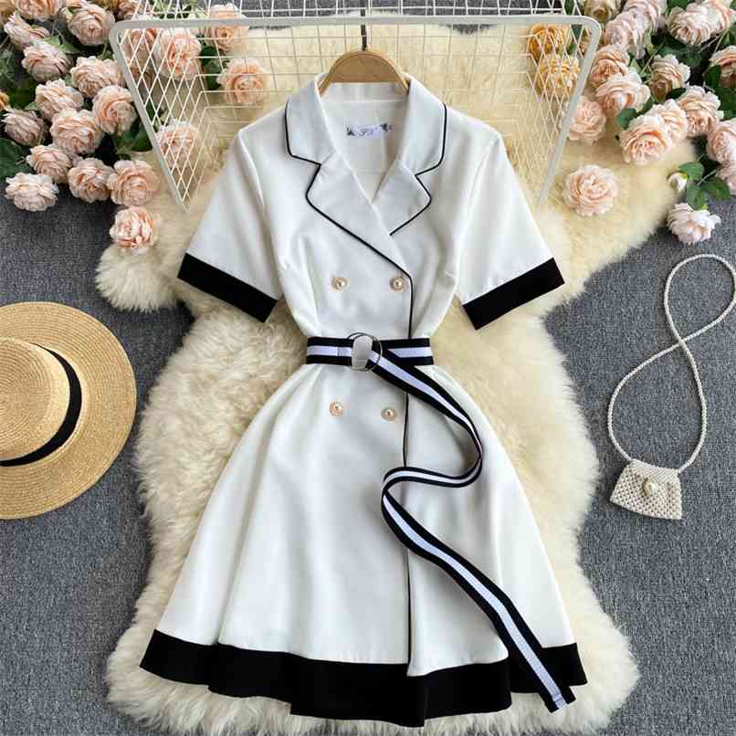 

Summer Fashion Elegant Ladies Temperament Blazer Dresses Robe Femme Notched collar Stitching double-breasted Belt Mini Dress 210602, White