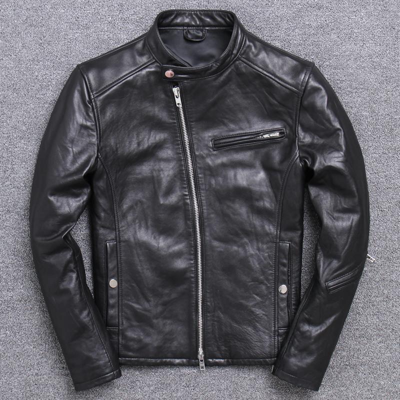 

Men' Leather & Faux 2021 Autumn Self-cultivation Short Fund Sheep Skin Genuine Clothing Stand Lead Jacket Thin Section Loose Slim Fit, Sheep skin black